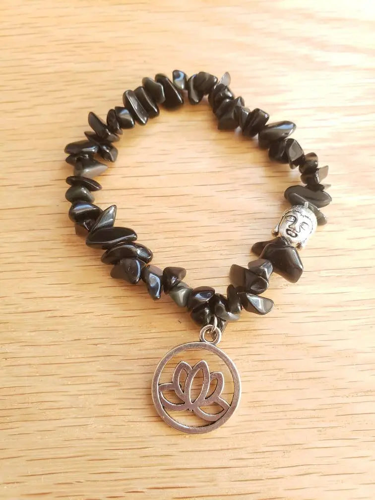 Lotus Flower-Buddha Black Onyx Chip Bracelet BRC-0008 Shop Wholesale Crystals
