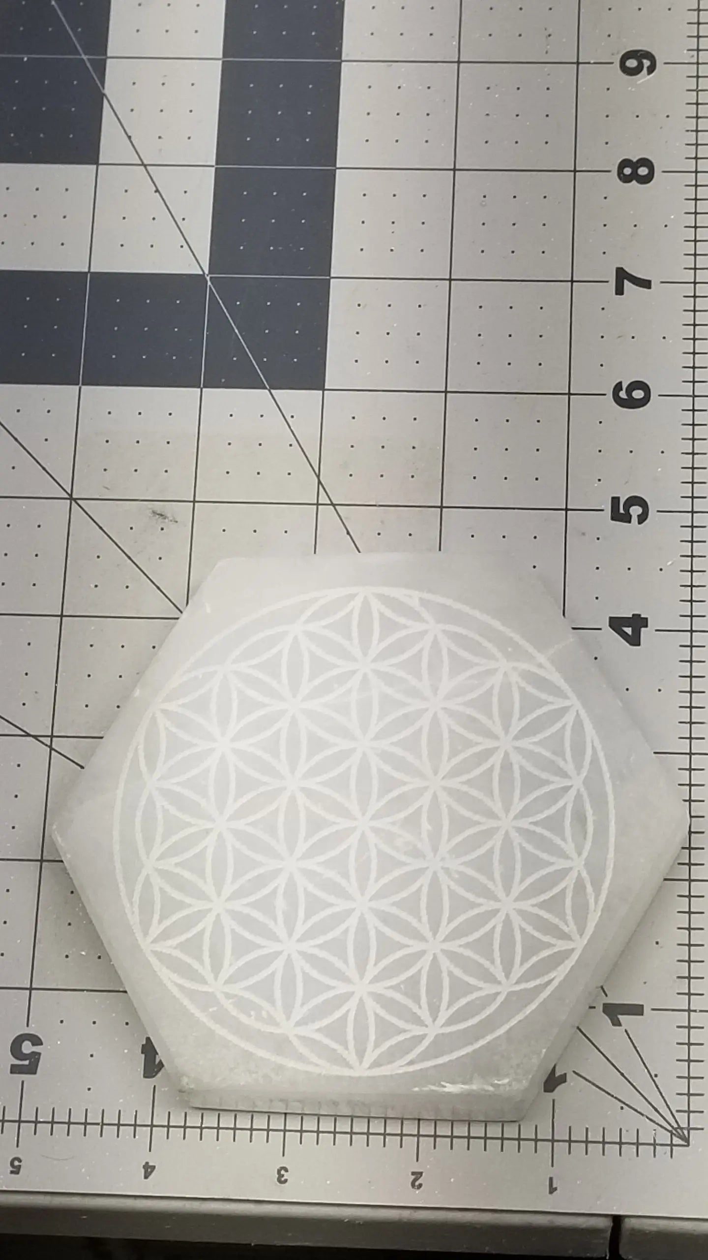 Carved Selenite Hexogon Stone, Flower of Life, Sacred Geometry (Approx. 5" x 5x 7/8"each)point to point Sel-0052 Shop Wholesale Crystals