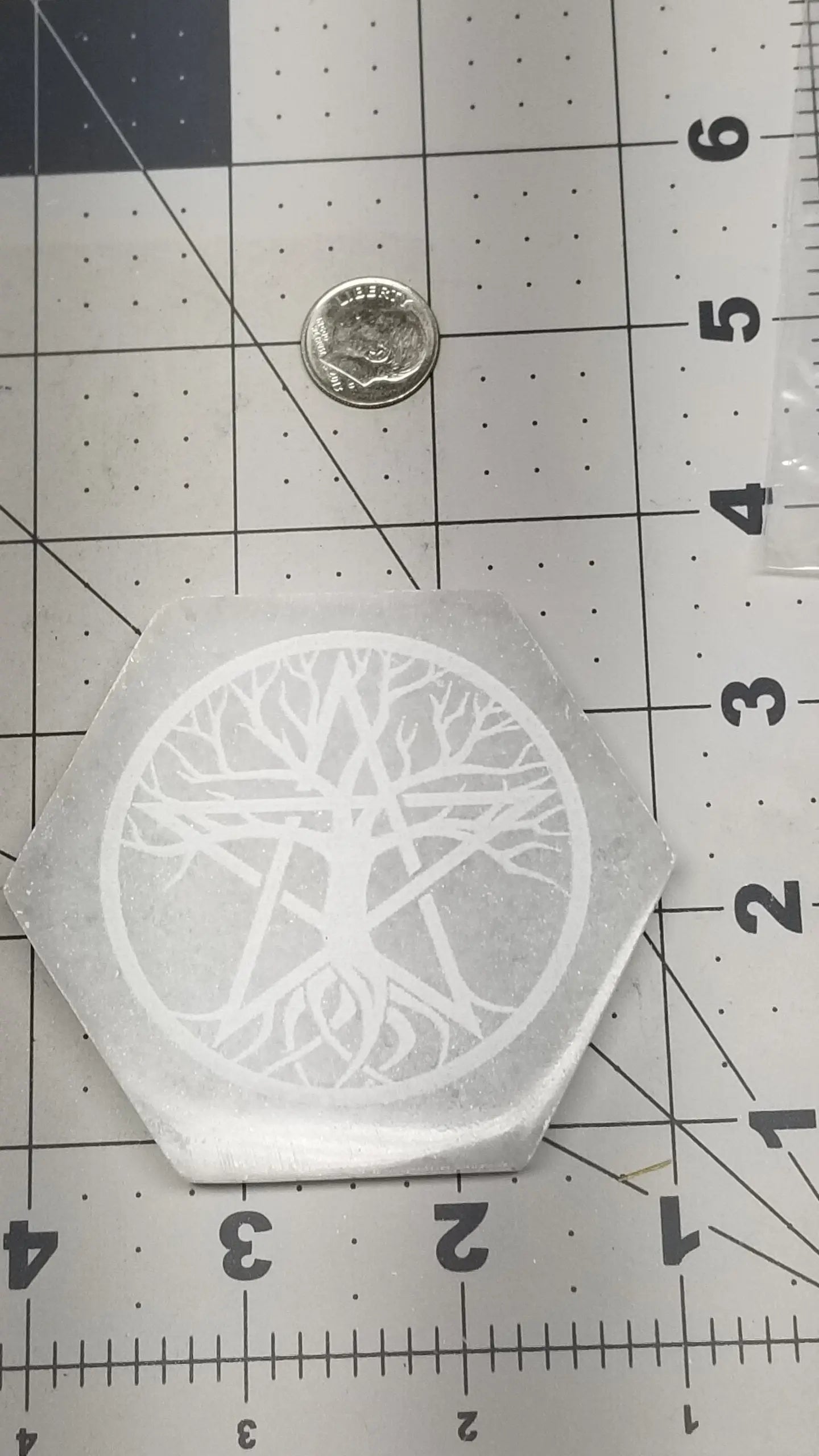 Selenite Carved Hexagon Etched Tile, Tree of Life Star Carving (Approx 3 1/4") Crystal Charging Plate, Supply for Grid SEL-0010 Shop Wholesale Crystals