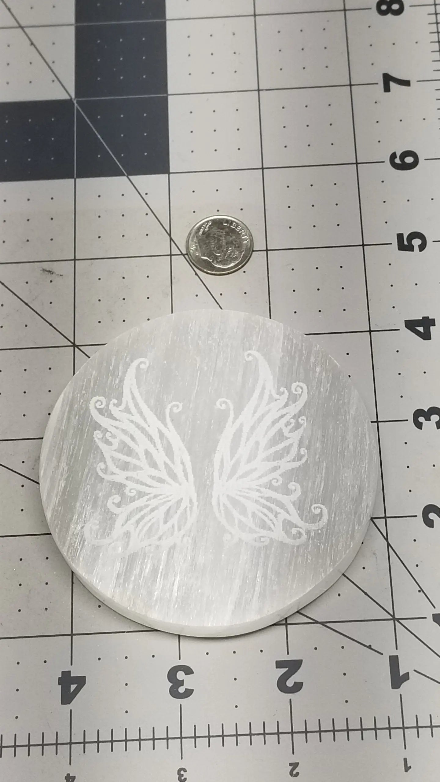 Selenite Carved Etched Tile, Fairy Butterfly Wings Carving (Approx 3 1/4") Crystal Charging Plate, Supply for Grid SEL-0034 Shop Wholesale Crystals