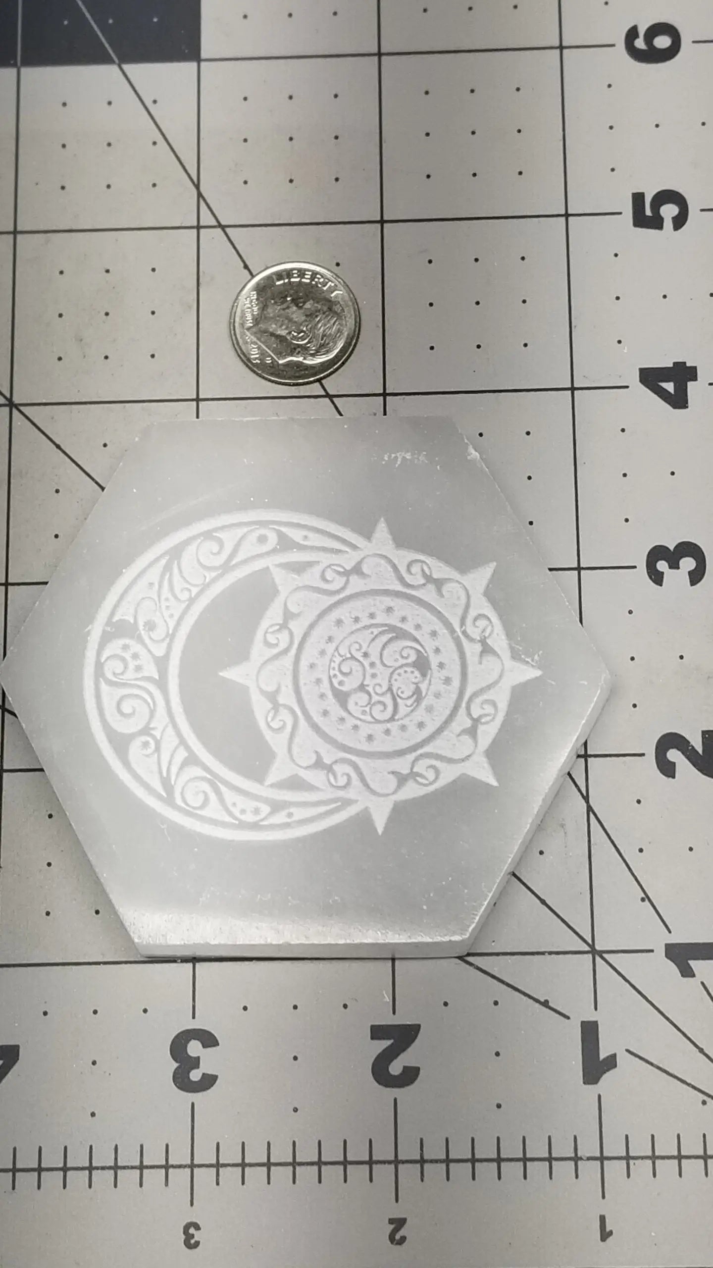 Selenite Carved Hexagon Tile, Sun & Moon Carving (Approx 3 1/4") Crystal Charging Plate, Supply for Grid SEL-0019 Shop Wholesale Crystals