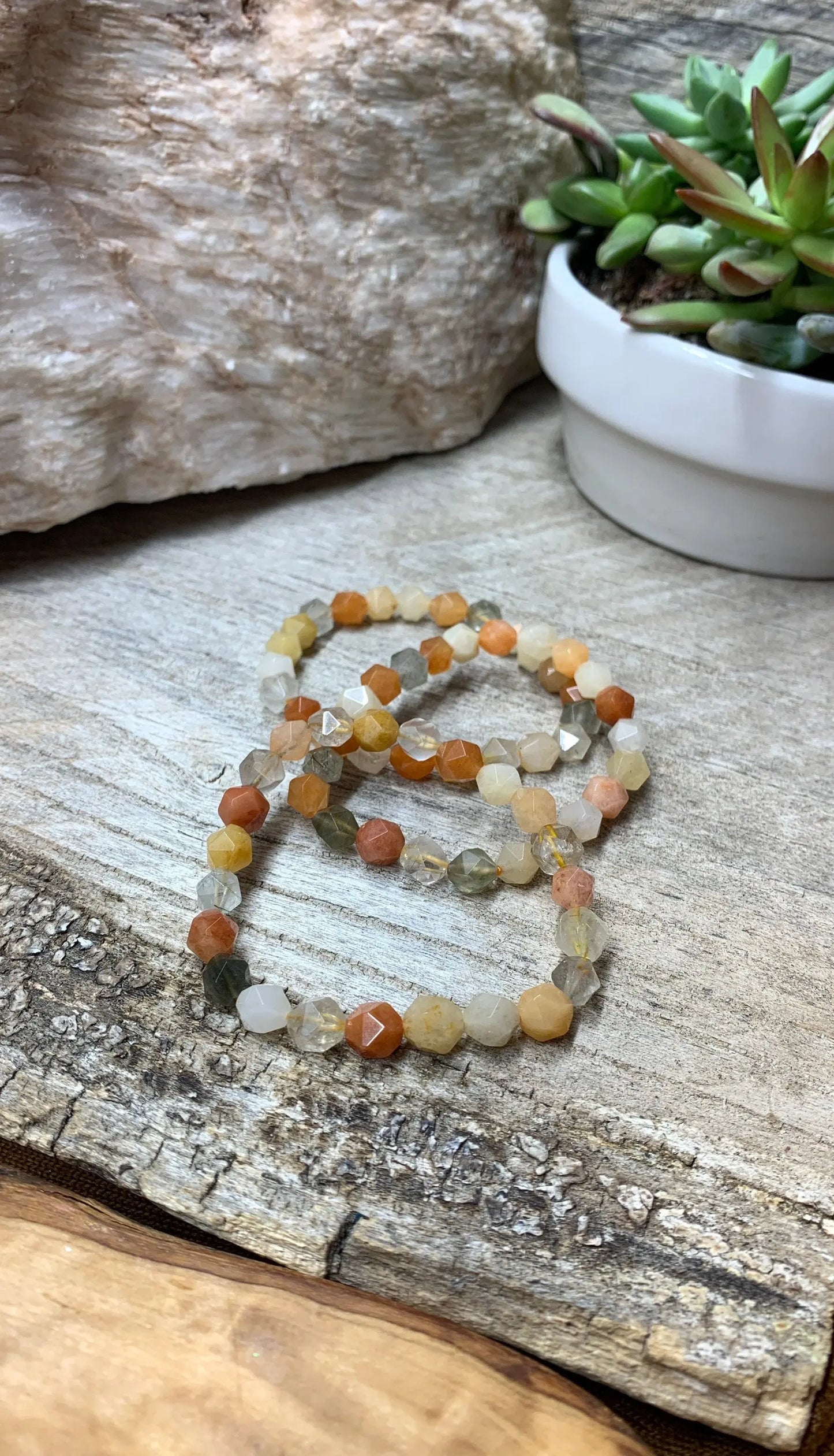 Orange Mixed Gemstone Bracelet (Sunstone, Smokey Quartz, Rutile Quartz ,Faceted Beads) BRC-0090 Shop Wholesale Crystals