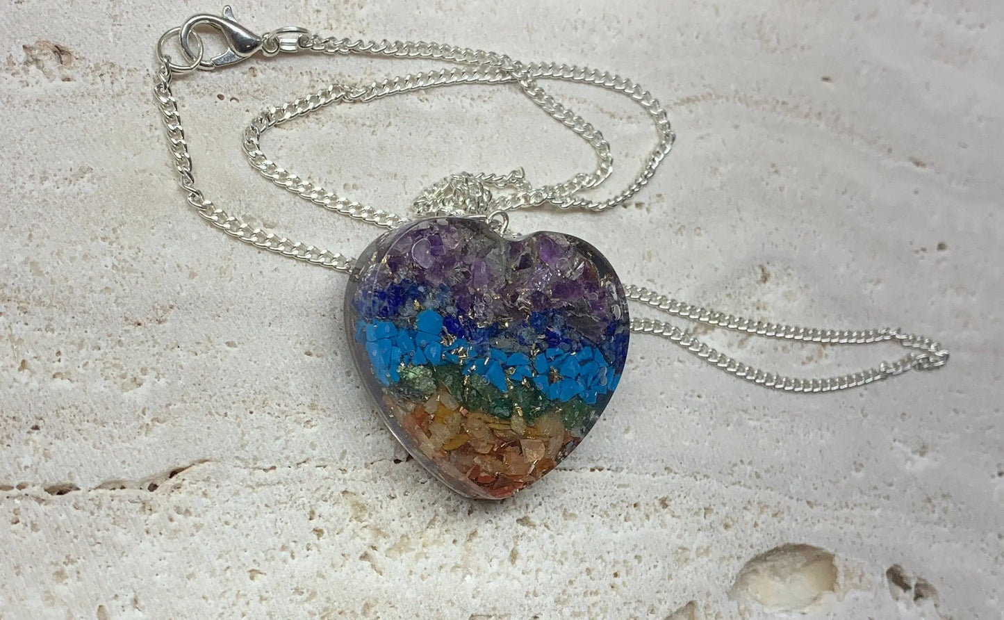 Organite Crystal Heart 1 1/2” Pendant Necklace 1054 (Crystals Imbedded in Resin) Shop Wholesale Crystals