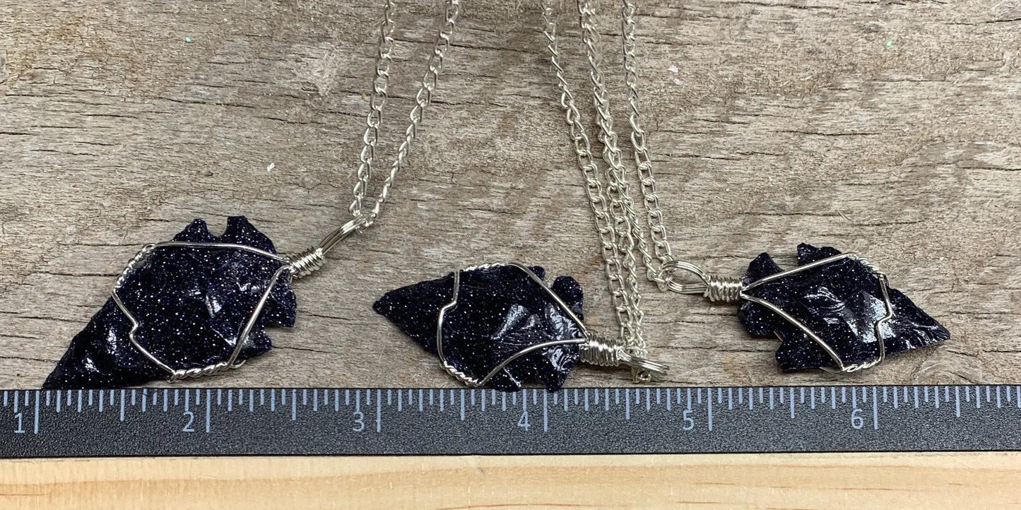 Blue Goldstone Knapped Arrowhead Wire Wrapped Necklace NCK-2377 Shop Wholesale Crystals