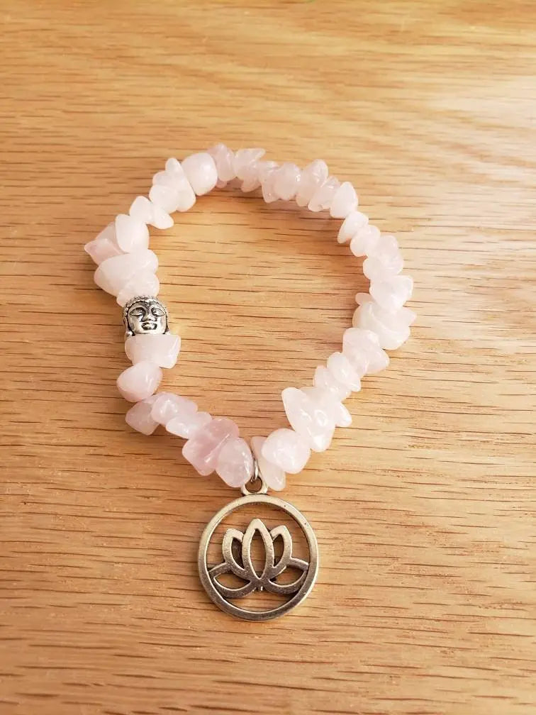 Lotus Flower-Buddha Rose Quartz Chip Bracelet BRC-0011 Shop Wholesale Crystals
