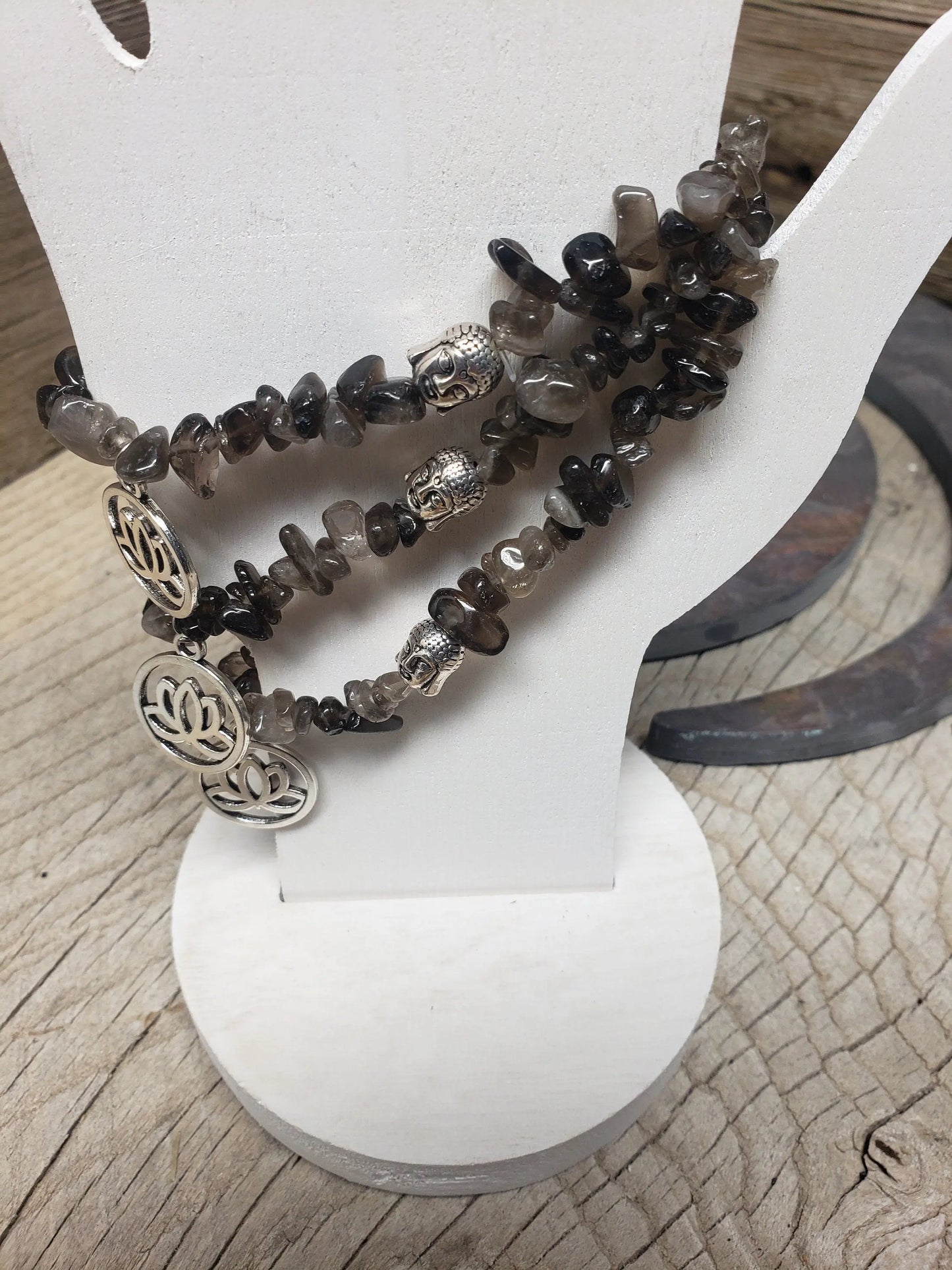 Lotus Flower-Buddha Smoky Quartz Chip Bracelet BRC-0030 Shop Wholesale Crystals