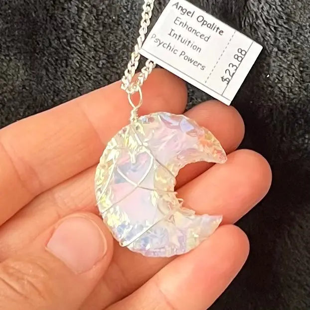 Angel Aura Opalite Knapped Moon Wire Wrapped Necklace WN-0137 - Shop Wholesale Crystals