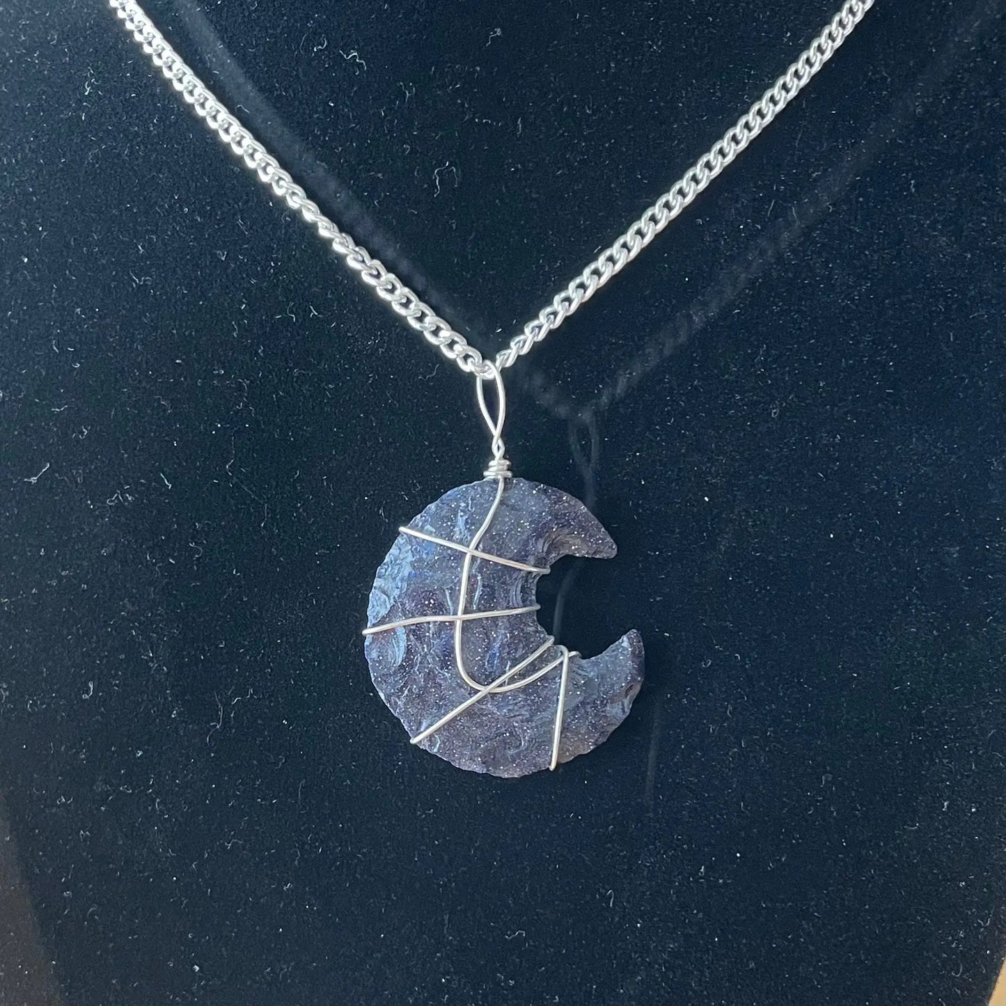 Blue Goldstone Moon Wire Wrapped Necklace WN-0035 - Shop Wholesale Crystals