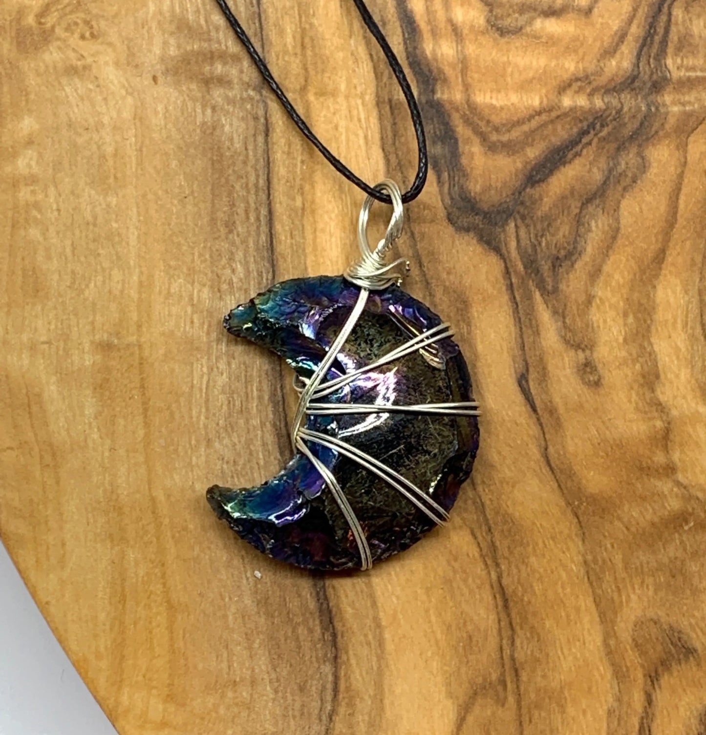 Rainbow Aura Obsidian Moon Wire Wrapped Necklace NCK-0762 Shop Wholesale Crystals