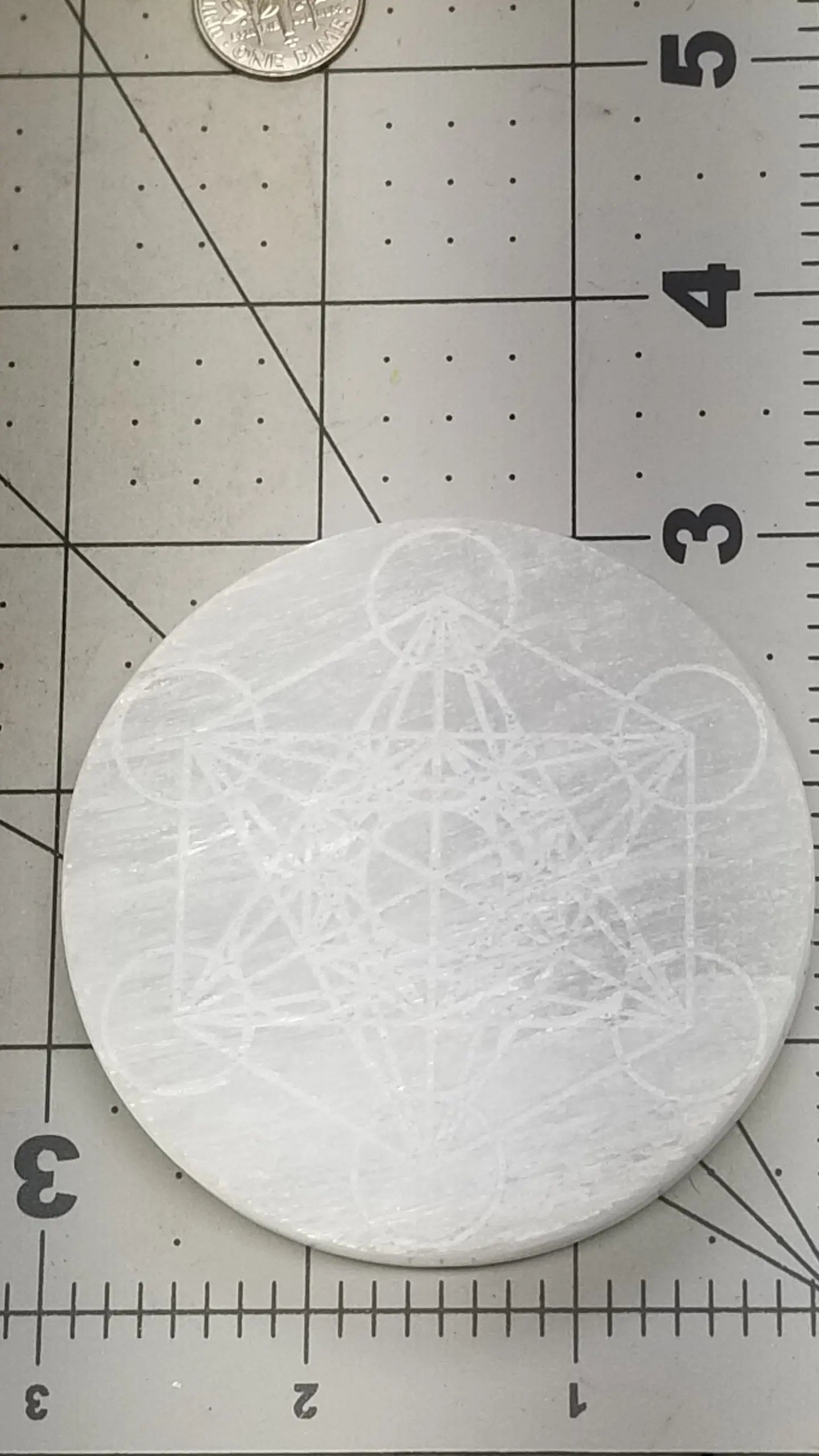 Selenite Carved Round Tile, Metatrons Cube, Sacred Geometry Carving (Approx 3 ") Crystal Charging Plate, Supply for Grid S-0070 Shop Wholesale Crystals