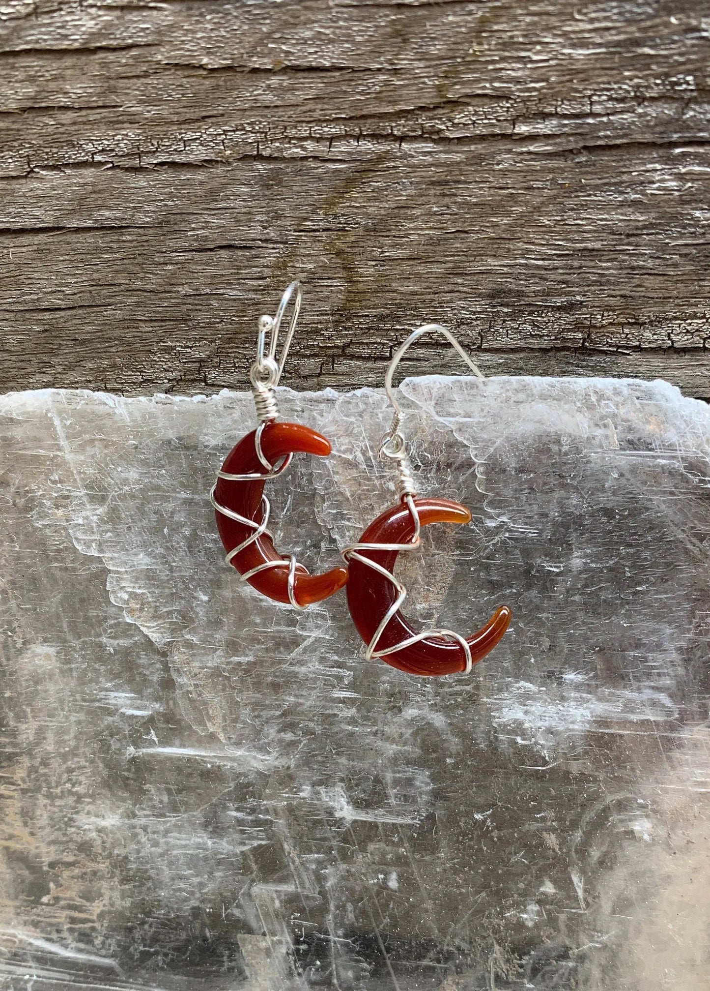 Carnelian Agate Moon 1090 Wire Wrapped Earrings. Handmade Shop Wholesale Crystals