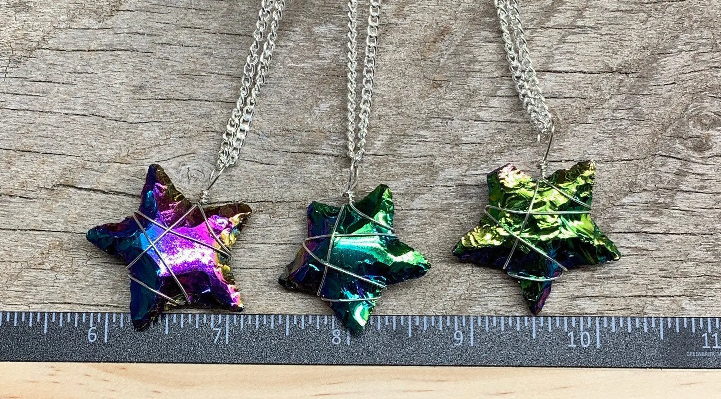 Rainbow Aura Obsidian Star Wire Wrapped Necklace NCK-1923 Shop Wholesale Crystals