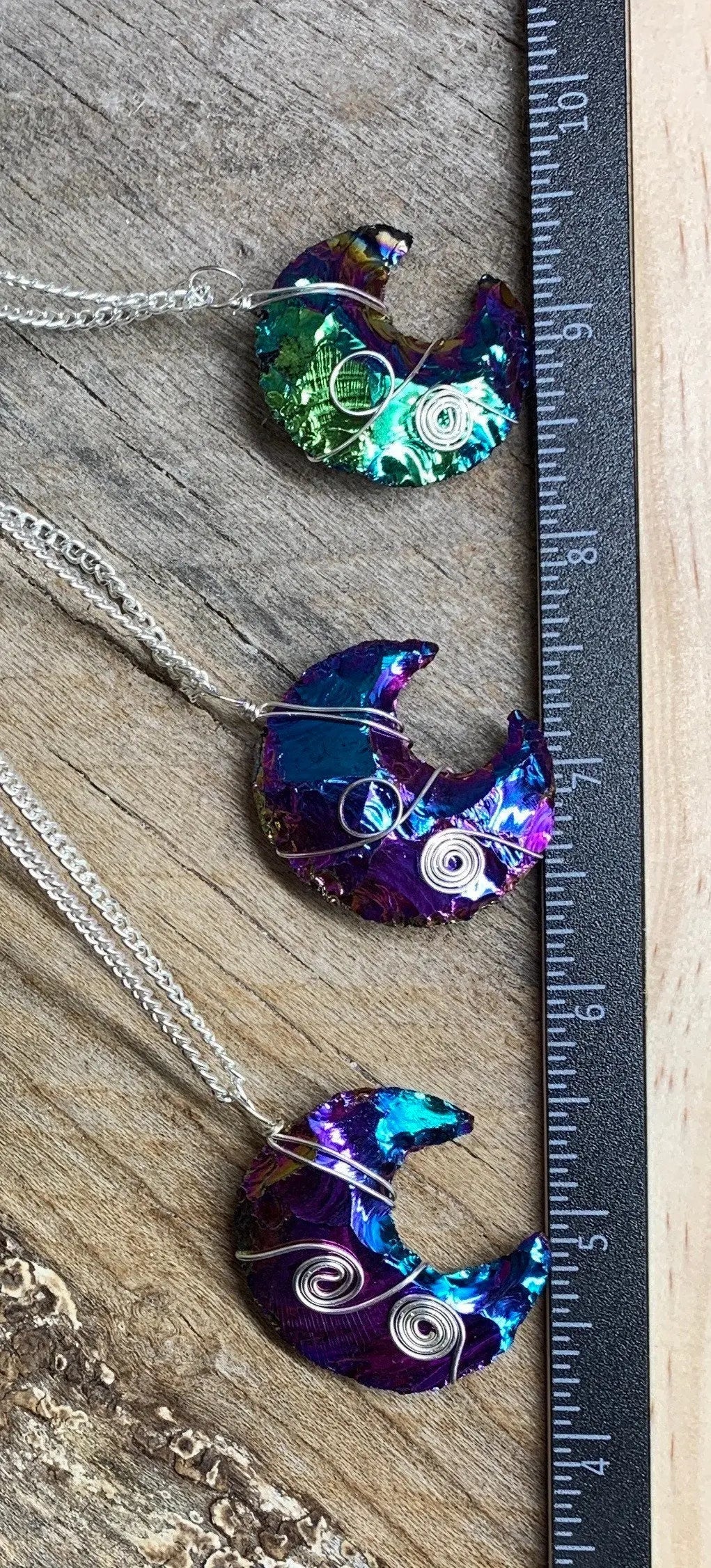 Rainbow Aura (Tanzin Aura) Obsidian Moon Wire Wrapped Necklace 1106 Shop Wholesale Crystals