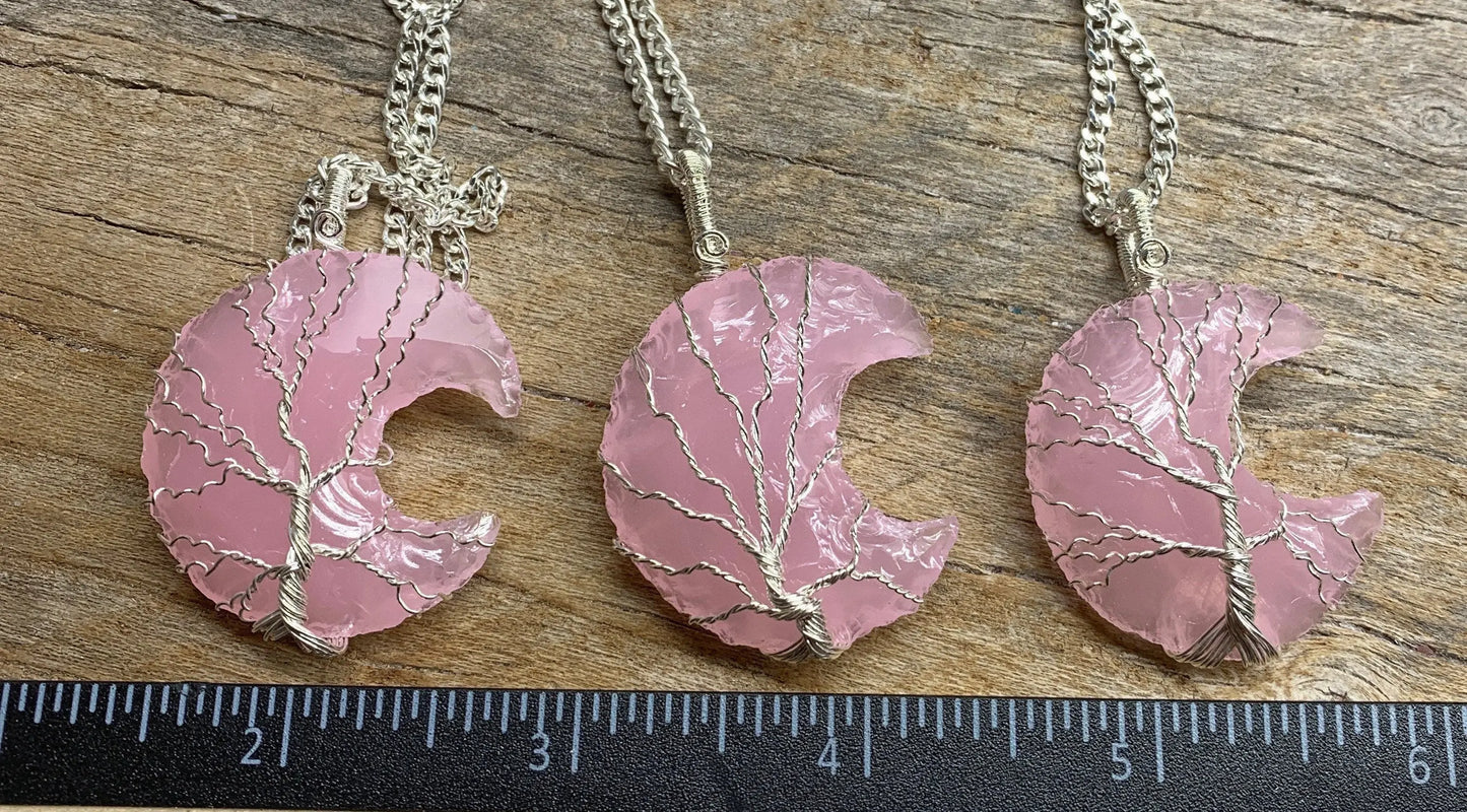 Pink Opalite Moon Wire Wrapped Necklace. Handmade. NCK-1933 Tree Of Life Shop Wholesale Crystals