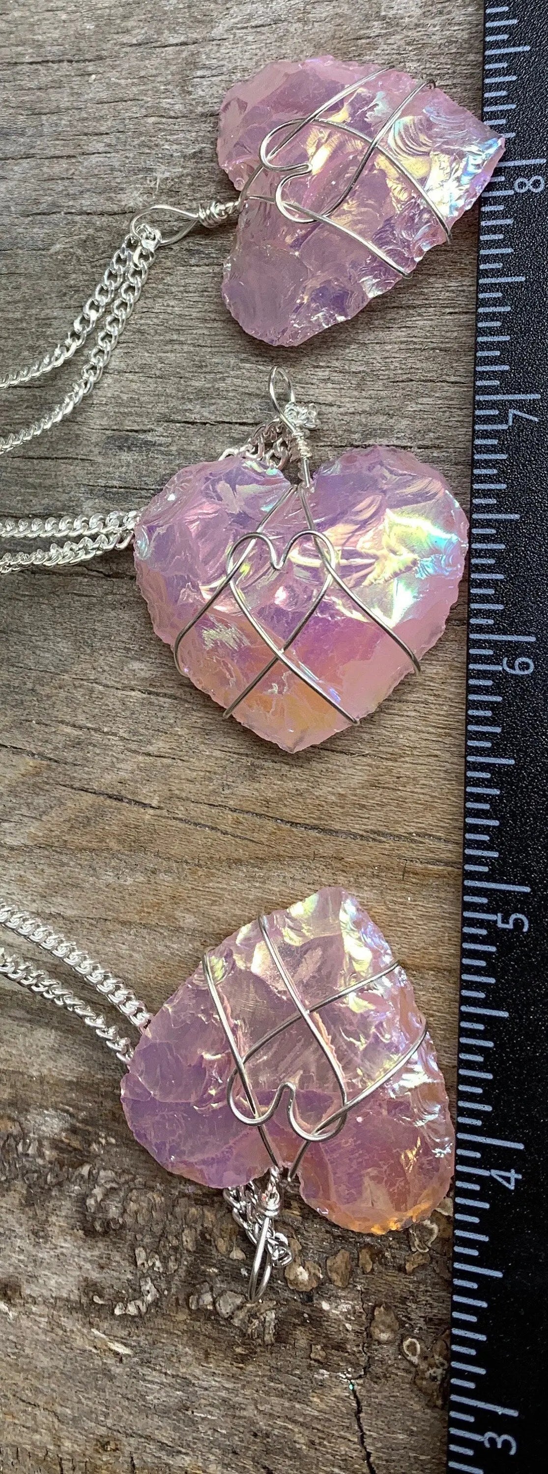 Pink Angel Aura Opalite Heart, Handmade Wire Wrapped Necklace 1140 Shop Wholesale Crystals