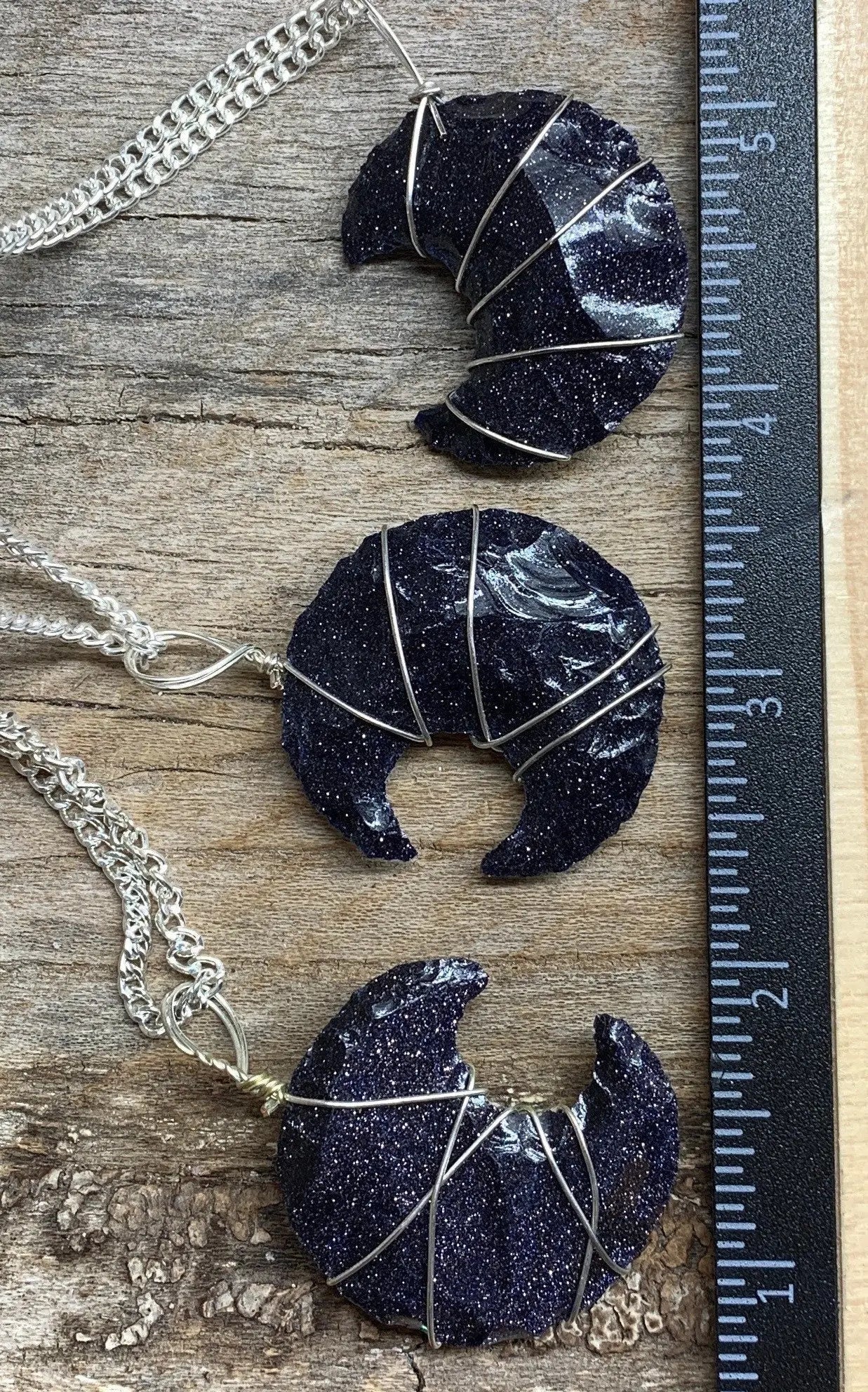 Blue Goldstone Knapped Moon Wire Wrapped Necklace NCK-2382 Shop Wholesale Crystals