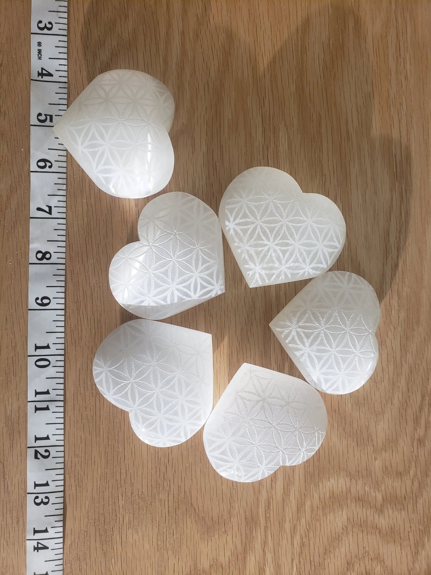 Carved Selenite Heart Stone, Sacred Geometry (Approx. 3" x 2 1/2"each) G-0005 Shop Wholesale Crystals