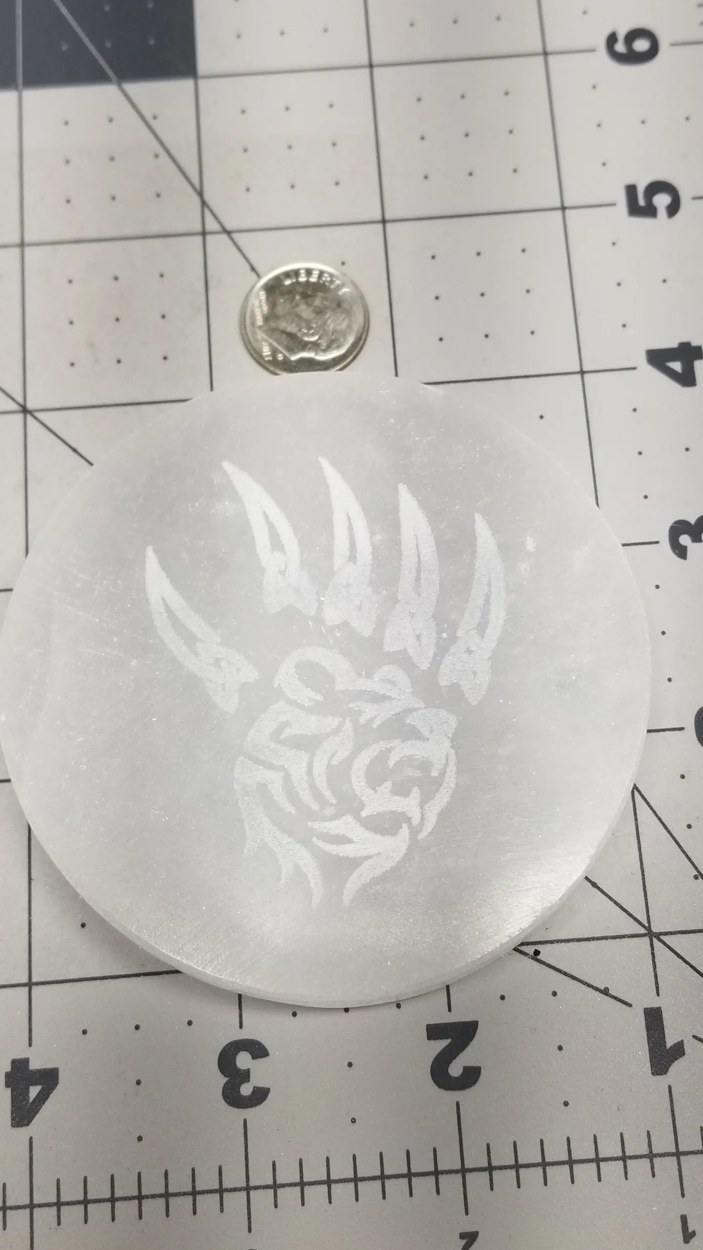 Selenite Carved Tile, Bear & Bear Claw Carving (Approx 3 1/4") Crystal Charging Plate, Supply for Grid SEL-0023 Shop Wholesale Crystals
