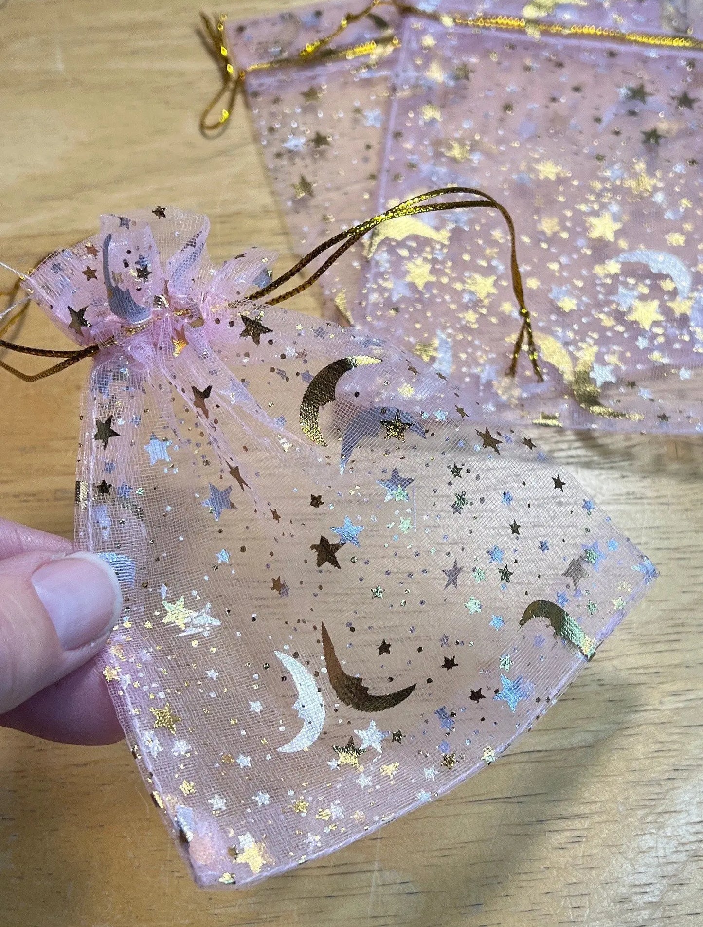 Pink Moon & Stars Organza Drawstring Bag BAG-0042 (Approx. 4”x 4 1/2”) Shop Wholesale Crystals