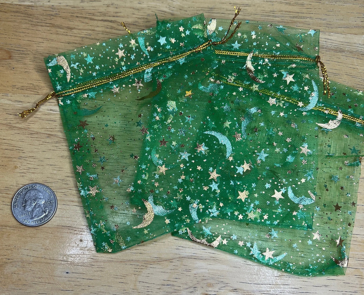 Green Moon & Stars Organza Drawstring Bag BAG-0041 (Approx. 4”x 4 1/2”) Shop Wholesale Crystals