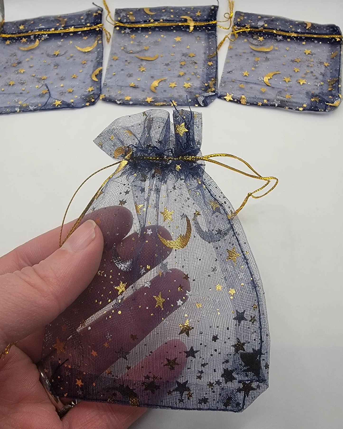 Midnight Blue Moon & Stars Organza Drawstring Bag BAG-0047 (Approx. 4”x 4 1/2”) Shop Wholesale Crystals