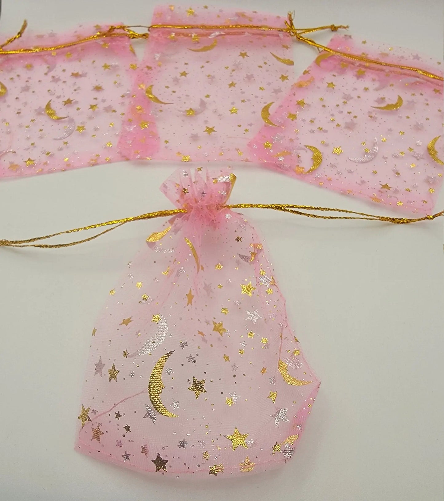 Pink Moon & Stars Organza Drawstring Bag BAG-0046 (Approx. 4”x 4 1/2”) Shop Wholesale Crystals