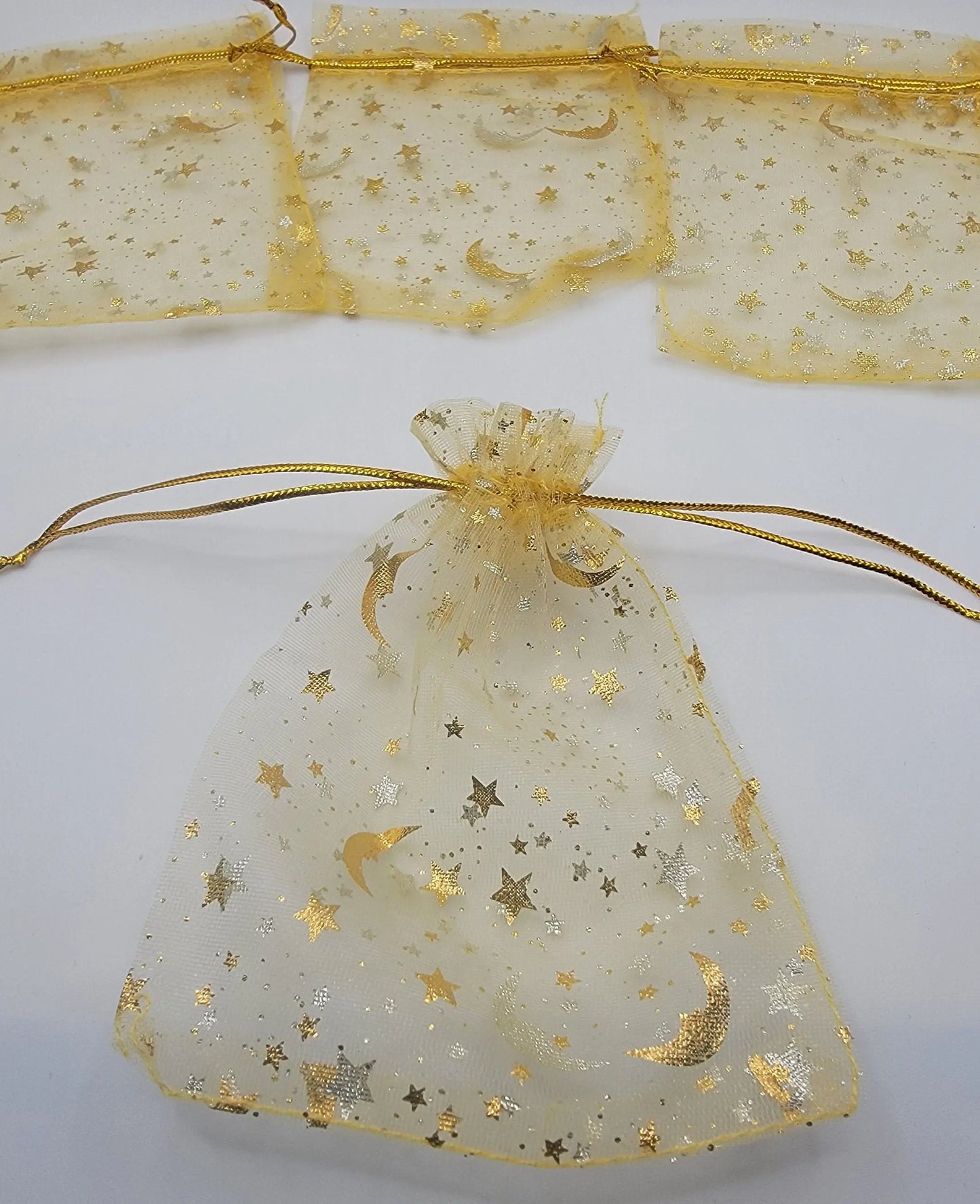 Golden Moon & Stars Organza Drawstring Bag BAG-0044 (Approx. 4”x 4 1/2”) Shop Wholesale Crystals