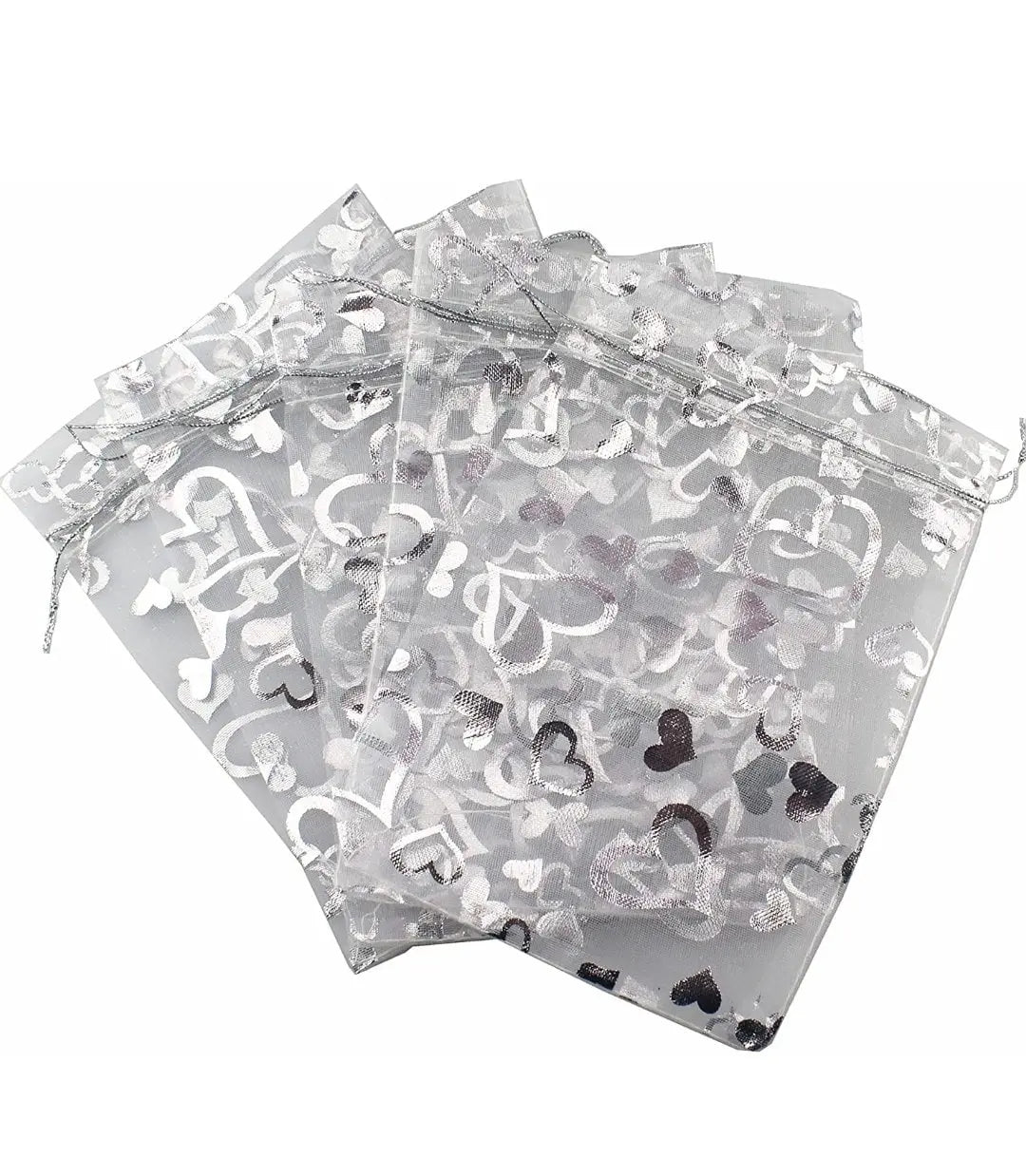 Heart Organza Drawstring Bag, White & Silver, Valentine's Day BAG-0051 (Approx. 6 1/4”x 4 1/4”) Shop Wholesale Crystals