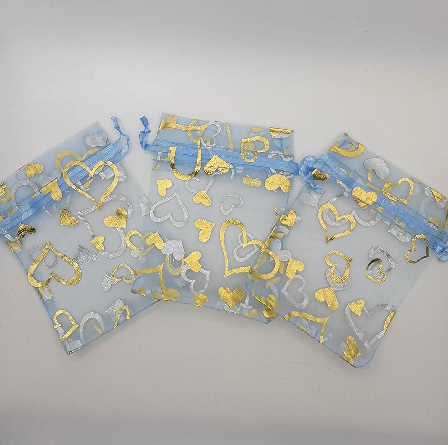 Heart Organza Drawstring Bag, Blue & Gold, Valentine's Day BAG-0049 (Approx. 3 1/2”x 4 1/2”) Shop Wholesale Crystals