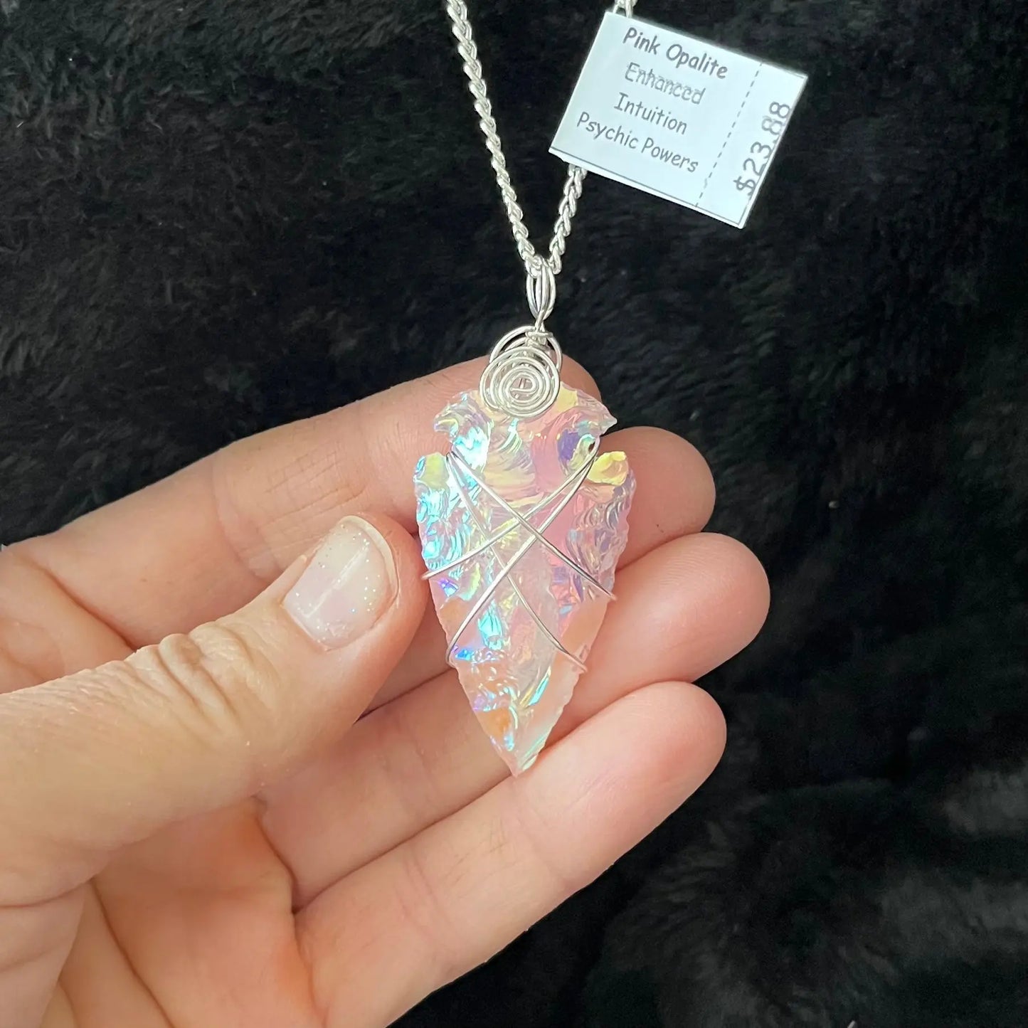 Angel Aura Pink Opalite, Knapped Arrowhead, Wire Wrapped Necklace WN-0025 - Shop Wholesale Crystals