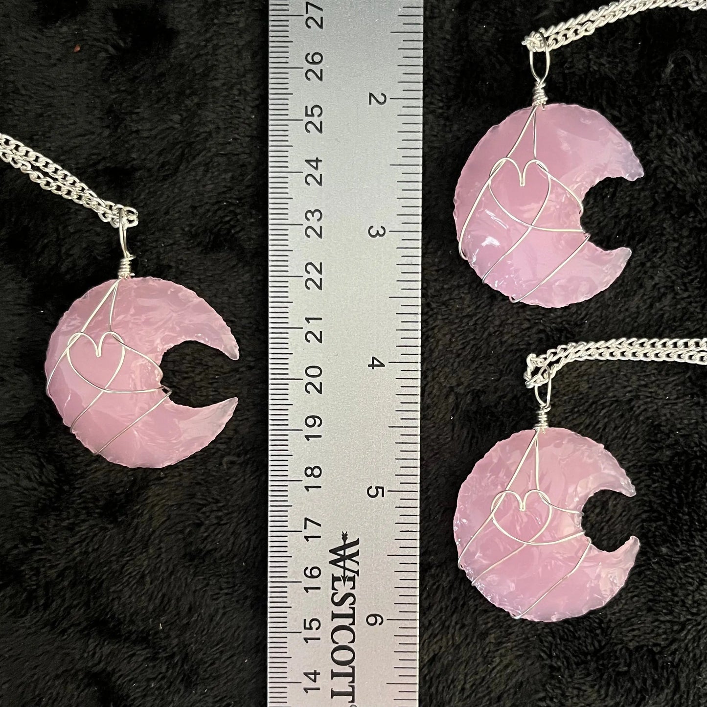Pink Opalite Knapped Moon Wire Wrapped Necklace, with 22”chain 1214 Shop Wholesale Crystals