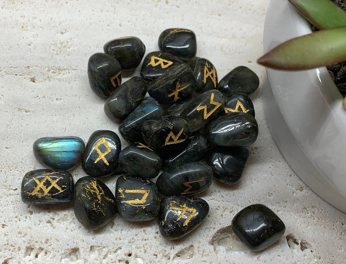 Labradorite Rune Set, 25 piece, gold embossed, metaphysical, top angle