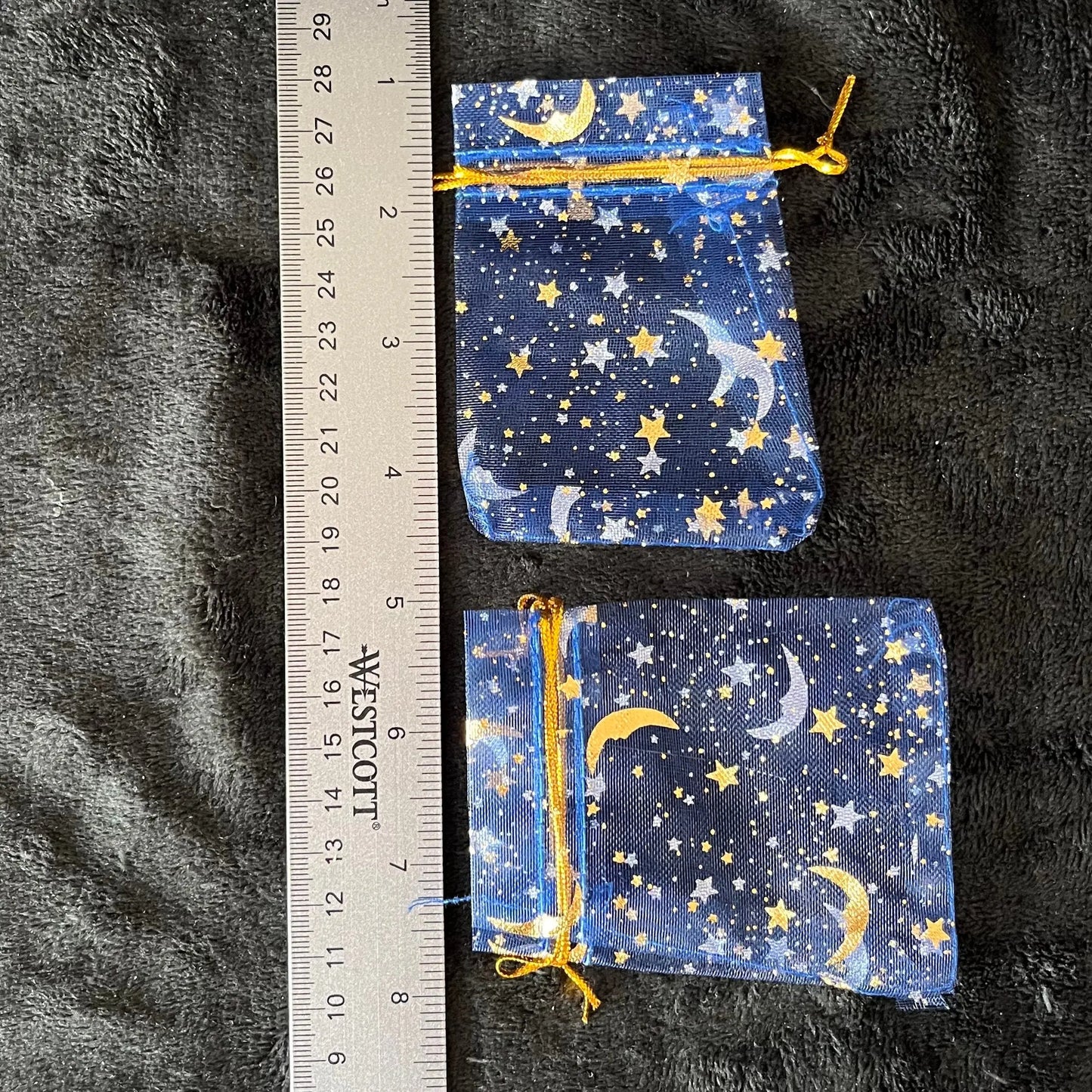 Navy Blue Sun, Moon, and Stars Organza Drawstring Bag (Approx. 2 1/4” - 3 1/2”) BAG-0199 Shop Wholesale Crystals