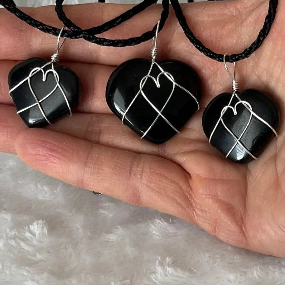 Black Tourmaline Heart Wire Wrapped Necklace, Silver Tone NCK-2941 Shop Wholesale Crystals