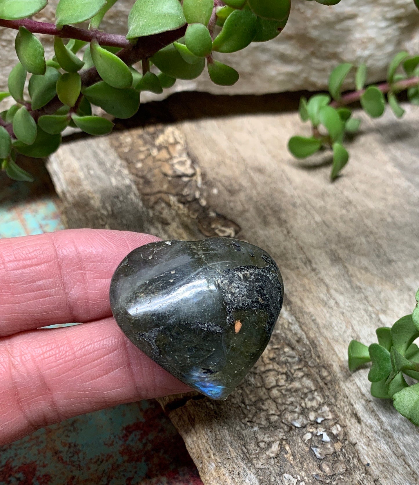 Labradorite Heart (Approx. 1 1/2” wide) Healing Iridescent Blue Feldspar, Flash, Stone for Wire Wrapping HRT-0089