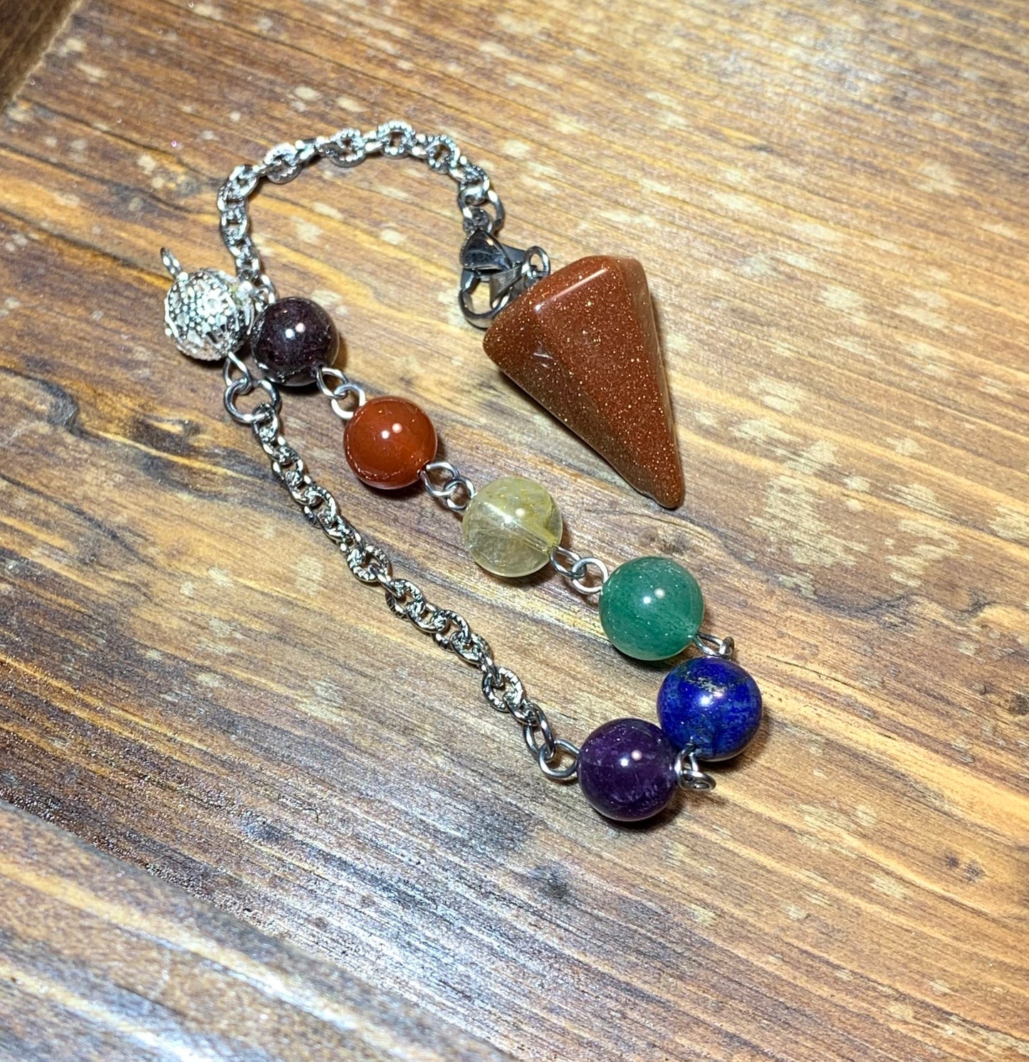 Goldstone Pendulum, Rainbow Beads, Beautiful PND-0003