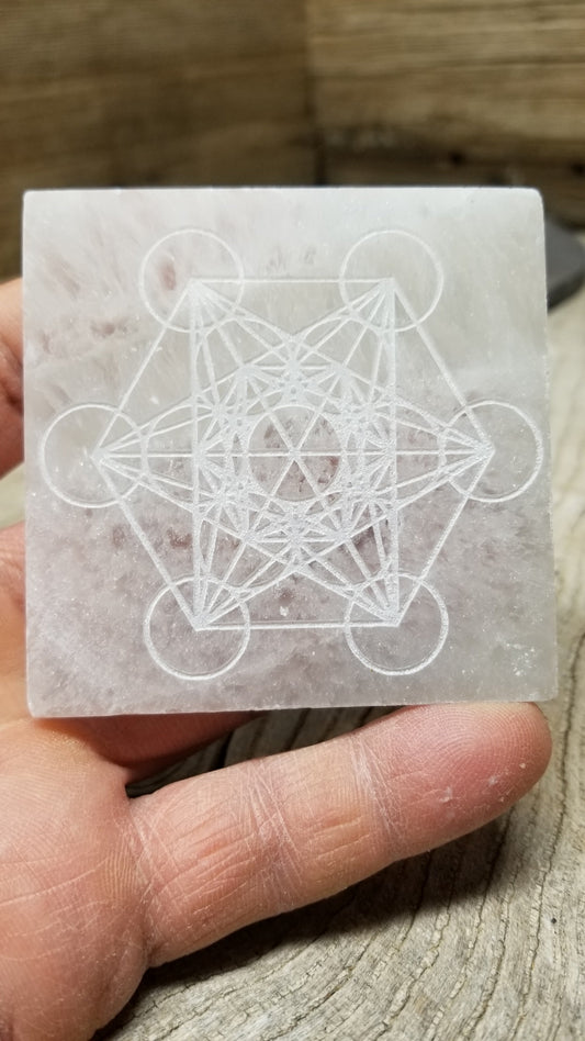 Selenite Carved Square Tile, Metatrons Cube, Sacred Geometry Carving (Approx 3 1/4")  Crystal Charging Plate, Supply for Grid SEL-0031