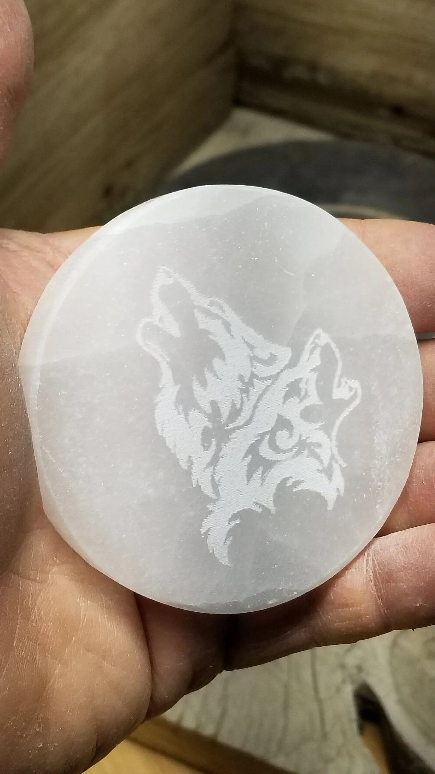 Selenite Carved Tile, Two Wolves Carving (Approx 3 1/4")  Crystal Charging Plate, Supply for Grid SEL-0014 Shop Wholesale Crystals