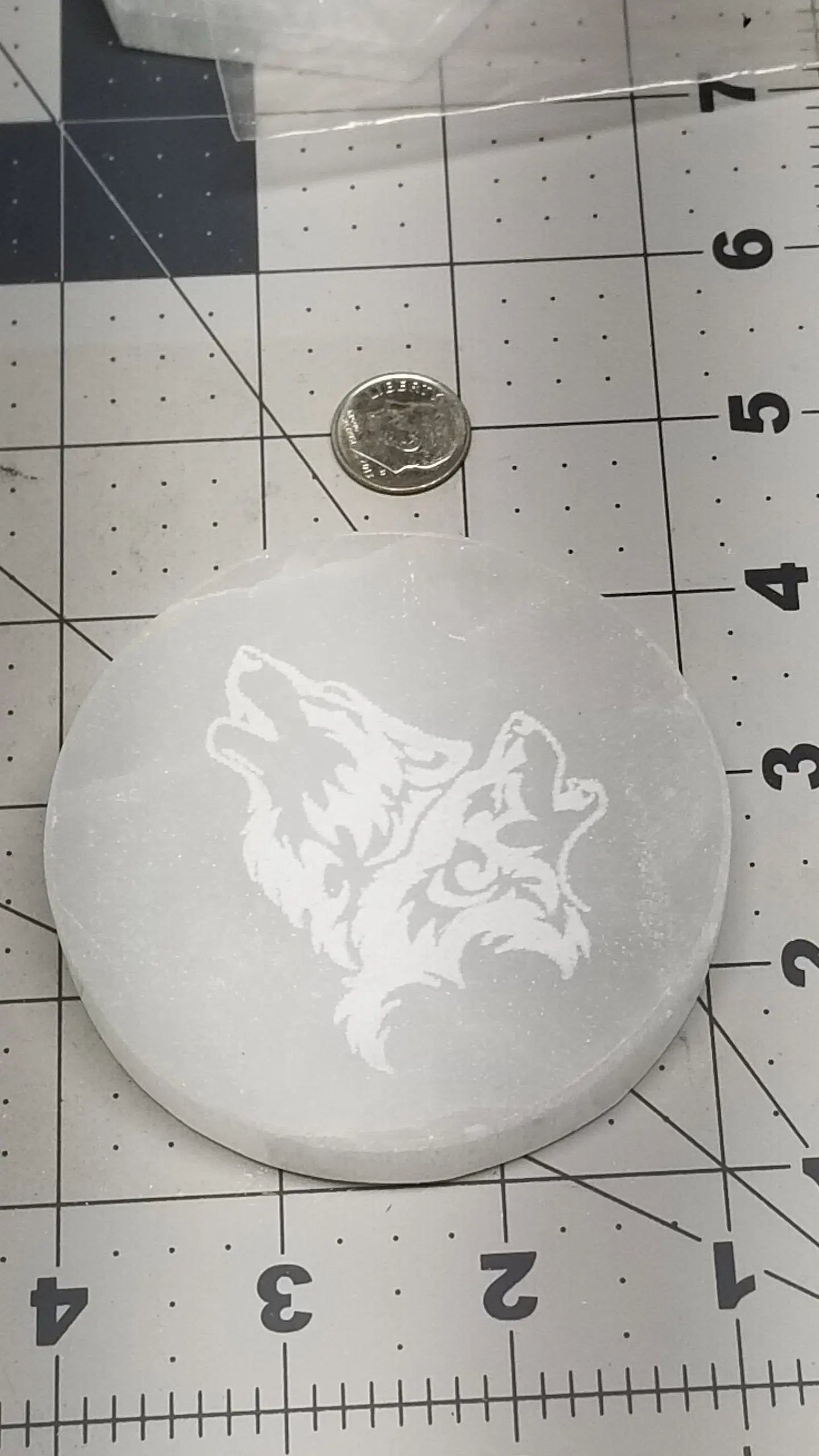 Selenite Carved Tile, Two Wolves Carving (Approx 3 1/4")  Crystal Charging Plate, Supply for Grid SEL-0014 Shop Wholesale Crystals