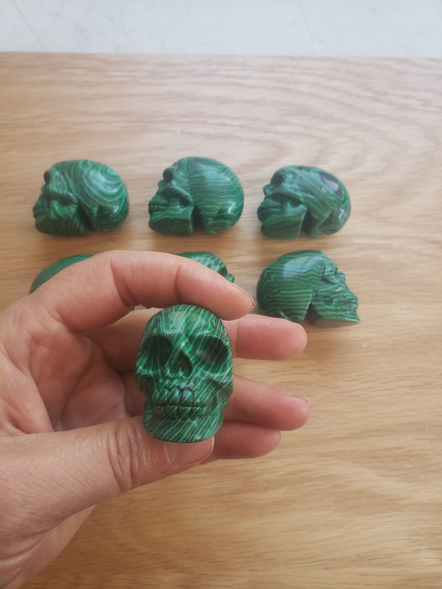 Carved Malachite Skull (2" x 1 1/8 x 1 5/8"), Supply for Crystal Grid, Home Decor or Halloween FIG-0007