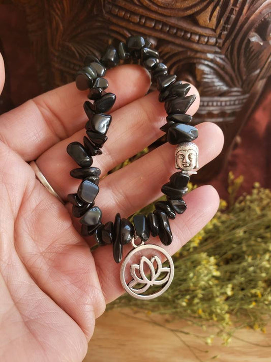 Lotus Flower-Buddha Black Onyx Chip Bracelet BRC-0008