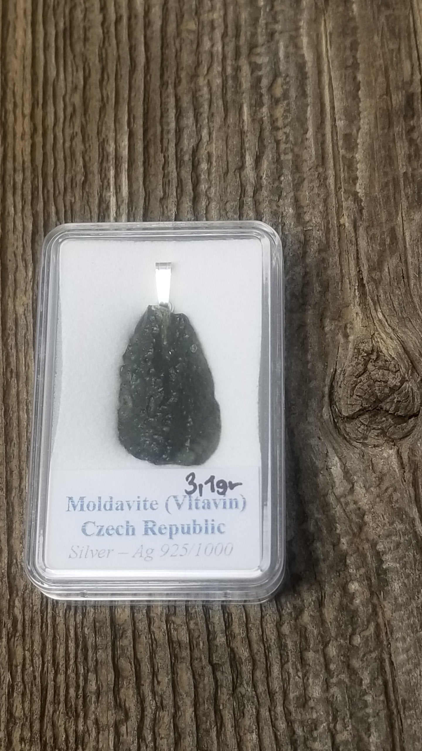 Naturally formed Moldavite from Czech Republic, (3.1gr) One Crystal, Rough, with .925 silver bell MOL-0002