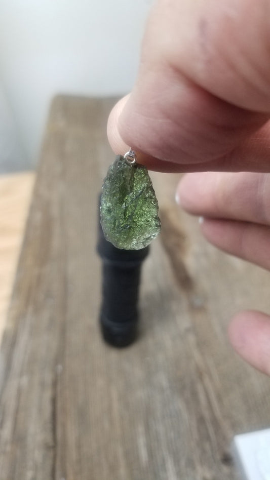 Naturally formed Moldavite from Czech Republic, (3.1gr) One Crystal, Rough, with .925 silver bell MOL-0002