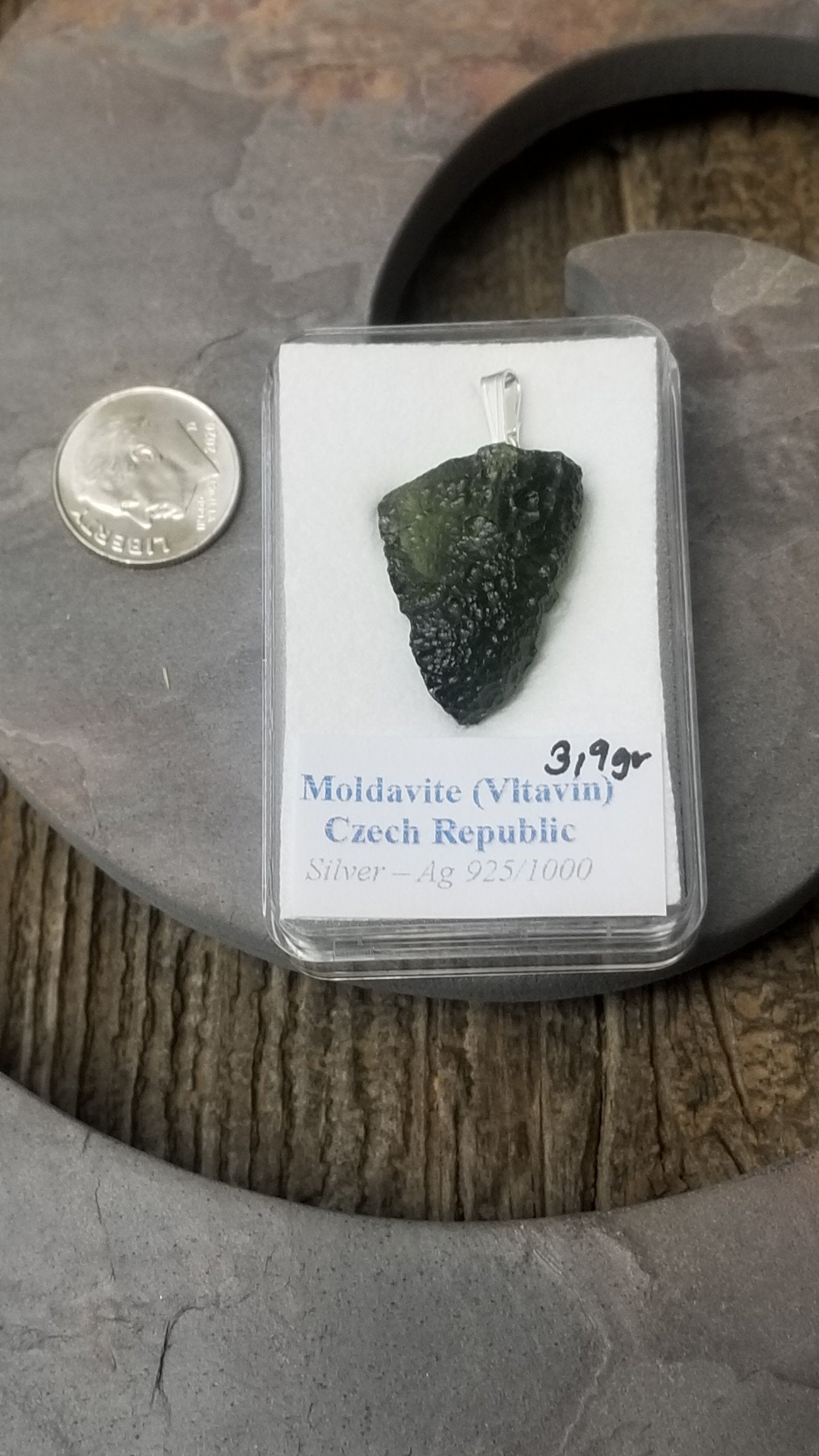 Naturally formed Moldavite from Czech Republic, (3.9gr) One Crystal, Rough, with .925 silver bell MOL-0011