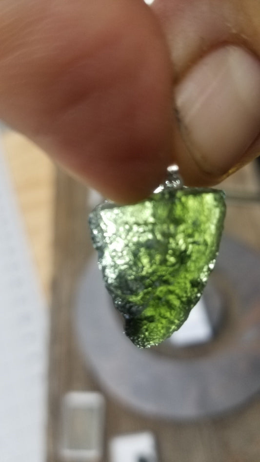 Naturally formed Moldavite from Czech Republic, (3.9gr) One Crystal, Rough, with .925 silver bell MOL-0011