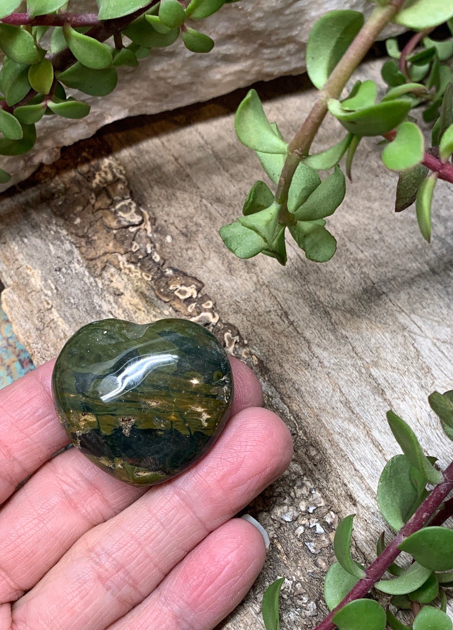 Green Ocean Jasper Heart, Puffy Heart.     (Approx 1 1/2”) BIN-0140