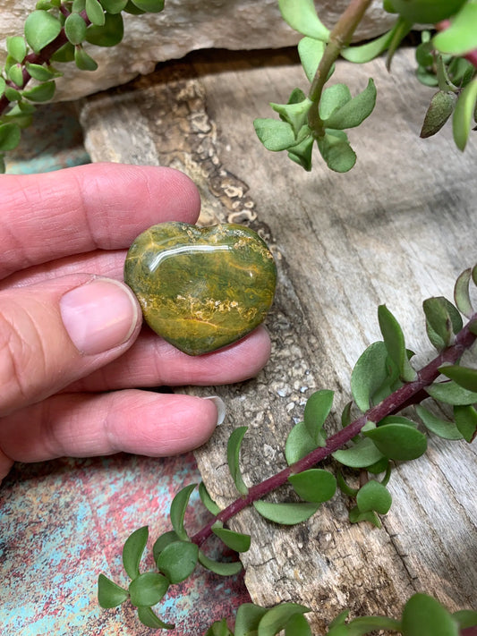 Green Ocean Jasper Heart, Puffy Heart.     (Approx 1”)    BIN-0130 Shop Wholesale Crystals