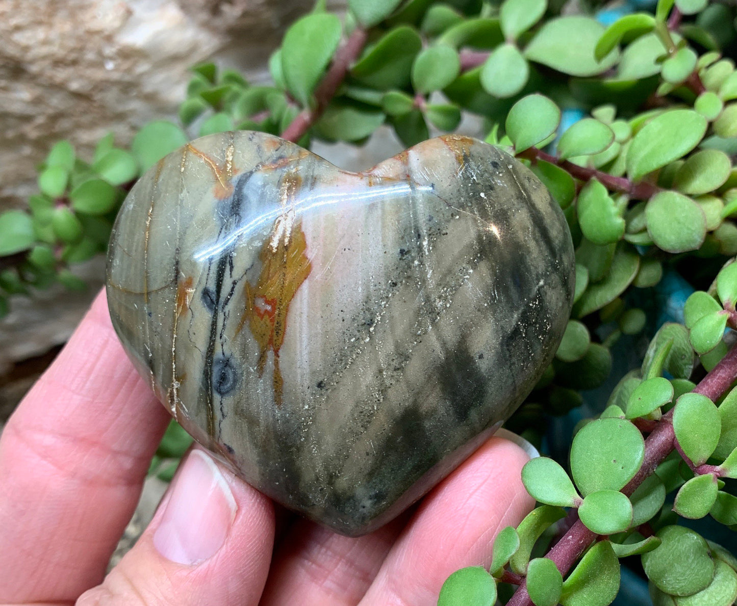 Green  Ocean Jasper Heart, Puffy Heart (Approx 2 1/2”)   BIN-0118