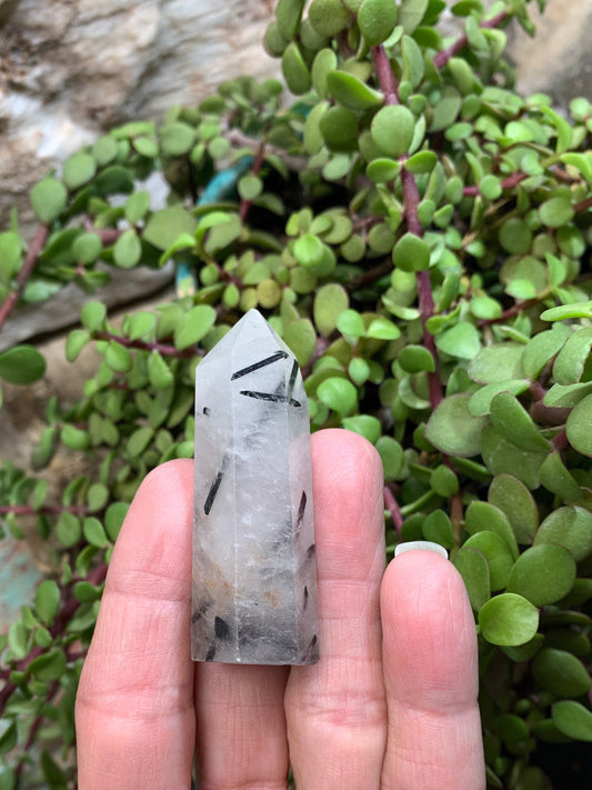 Tourmalinated Quartz Obelisk, Approx. (2 1/2”) Tourmalinated Quartz Crystal, Healing Stone for Crystal Grid Making OBL-0154