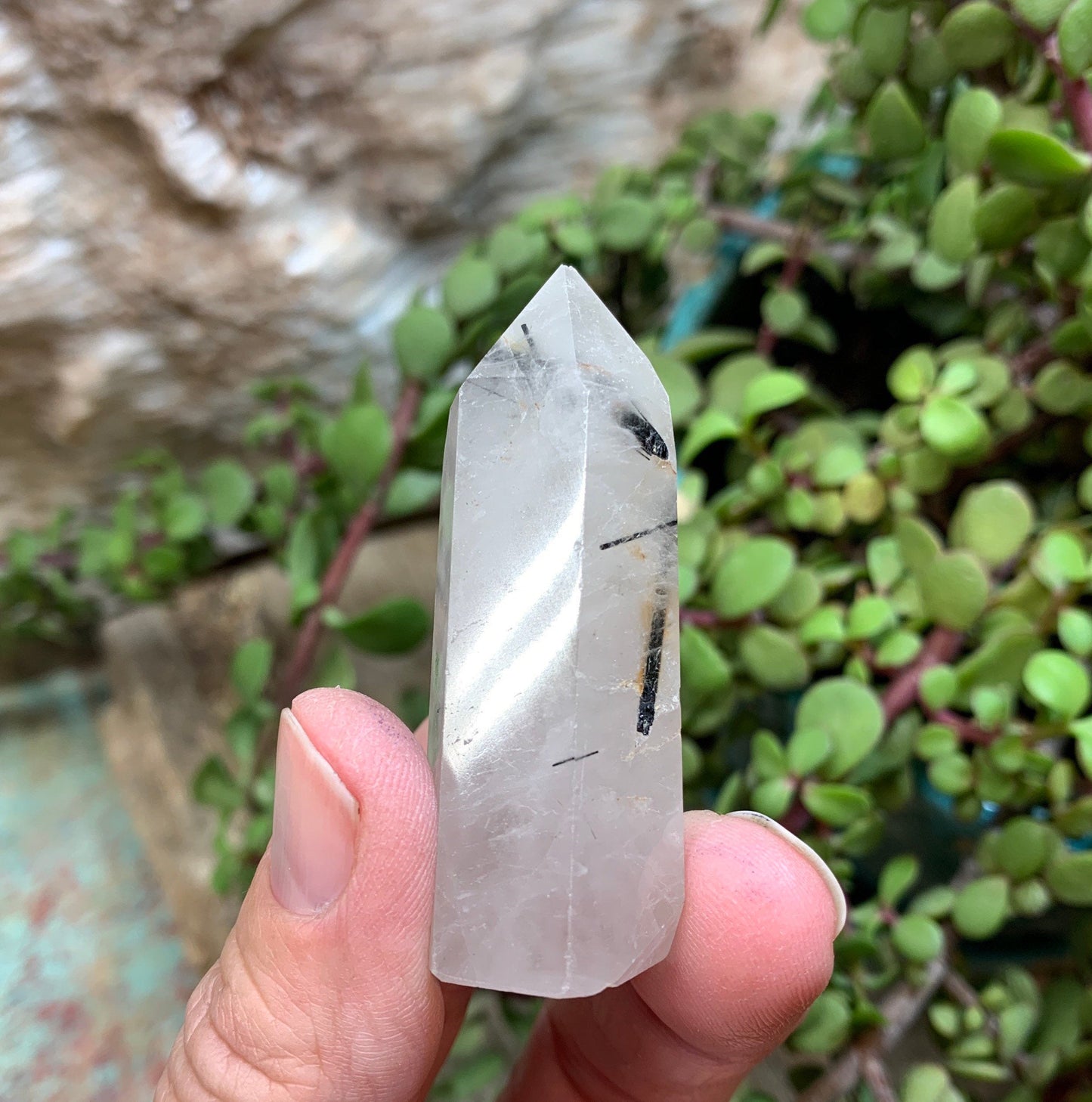 Tourmalinated Quartz Obelisk,                 Approx. ( 2 1/2” )Tourmalinated Quartz Crystal, Healing Stone for Crystal Grid Making OBL-0149